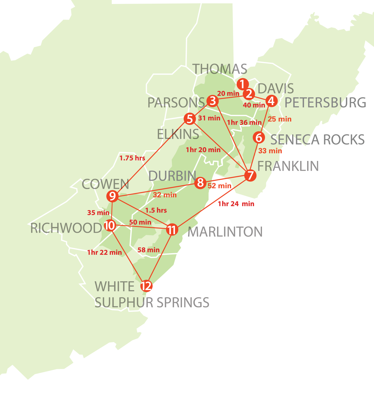 map showing connection between 10 towns