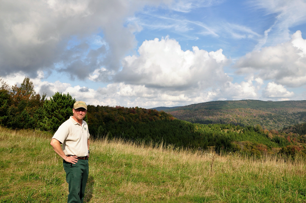 U.S. Nation Forest Service District Ranger Jack Tribble standing with arms on hips at the Snowshoe Highlands Mower Tract.