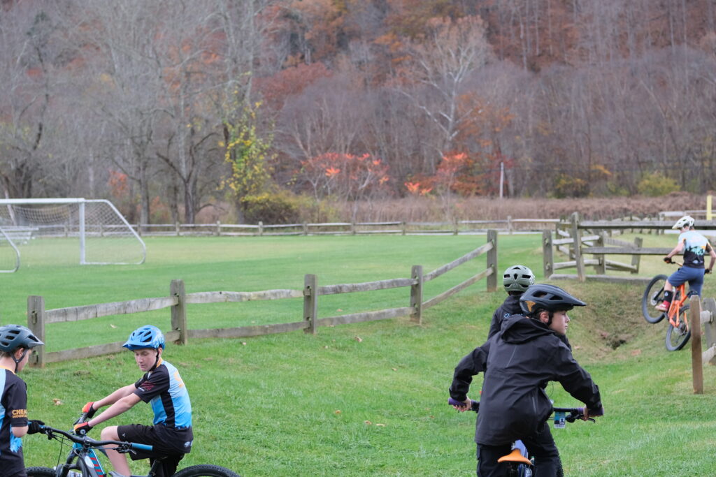 Young Mountain Bike Riders Depart Marlinton's Stillwell Park for the Trails after the Ribbon Cutting Event