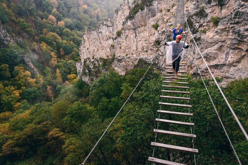 Climbers on rope bridge at Nelson Rocks in Pendleton County